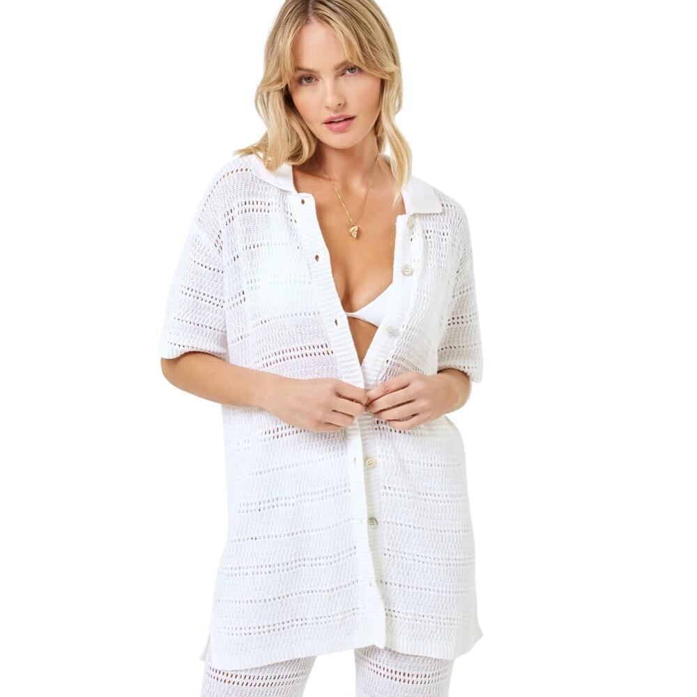 L*Space Women's Open-Stitch Button Front Crochet Marbella Knit Top White size M